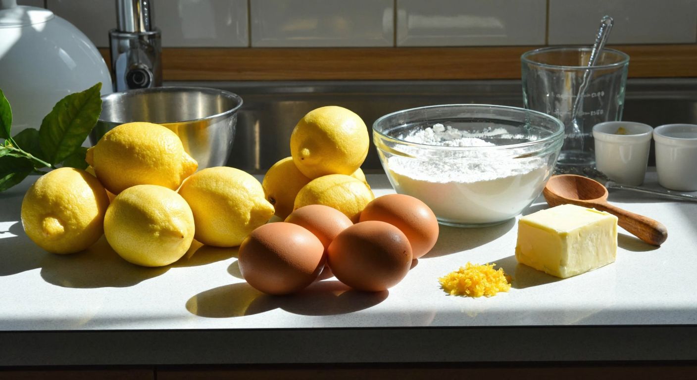 A sunlit Turkish kitchen counter displays fresh lemons, eggs, sugar, butter, and flour arranged neatly beside a mixing bowl with lemon zest and juice, evoking the preparation of lemon-flavored biscuits.