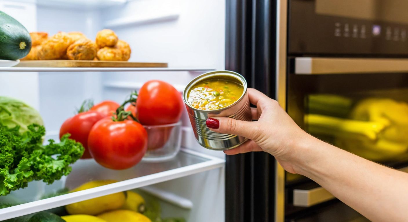 A hand placing an opened metal can of food into a refrigerator filled with fresh vegetables, with a warm Turkish kitchen in the background.