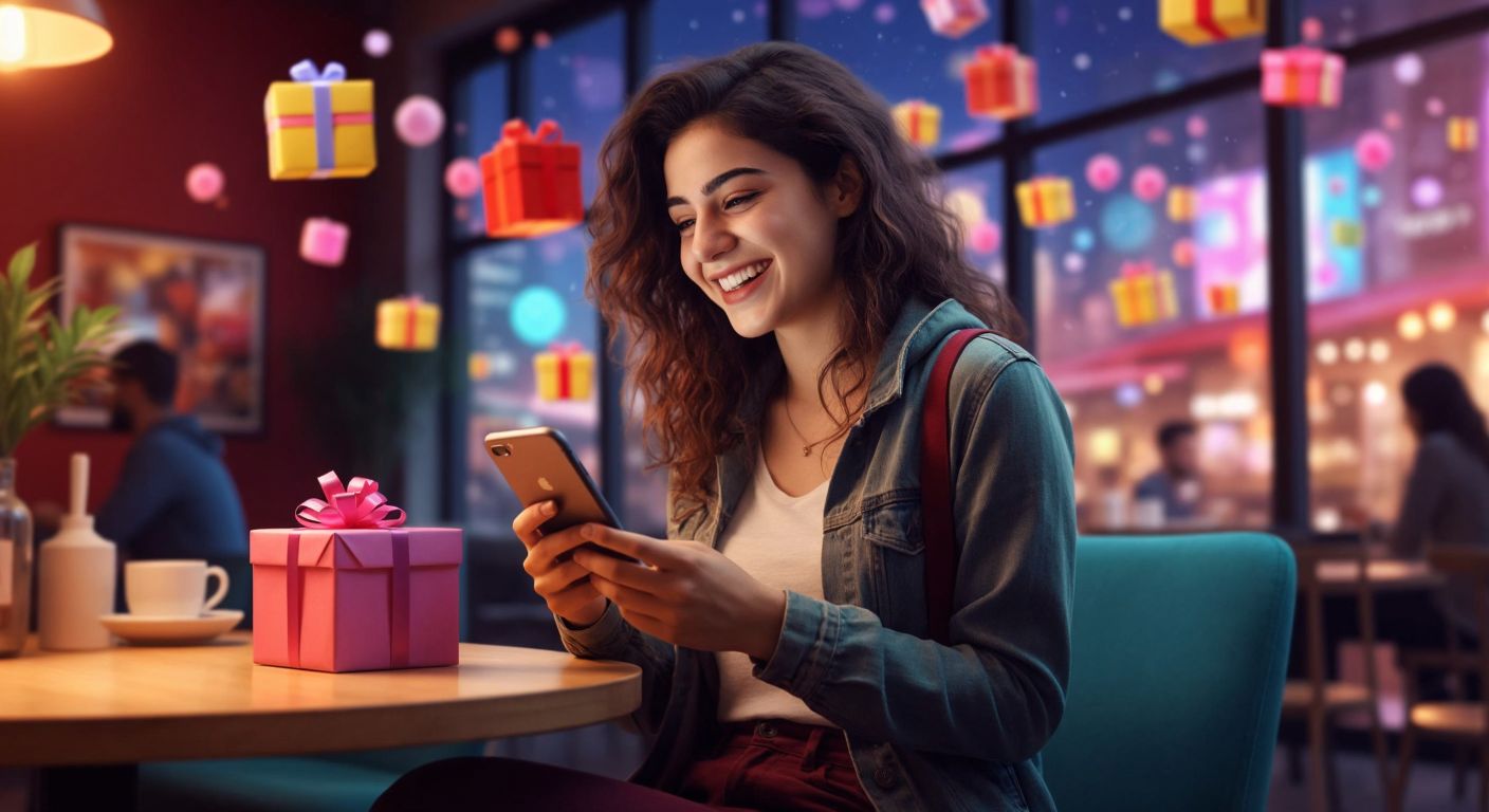 A young Turkish woman in a cozy café smiles while holding her phone, watching a vibrant Reels video with colorful gift animations floating on the screen.