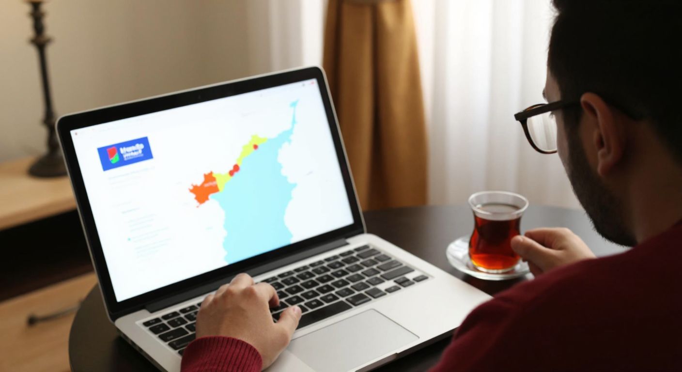 A person in a cozy Turkish home, wearing glasses and focused on a laptop screen displaying a colorful map of the Netherlands, with a steaming cup of Turkish tea beside them.