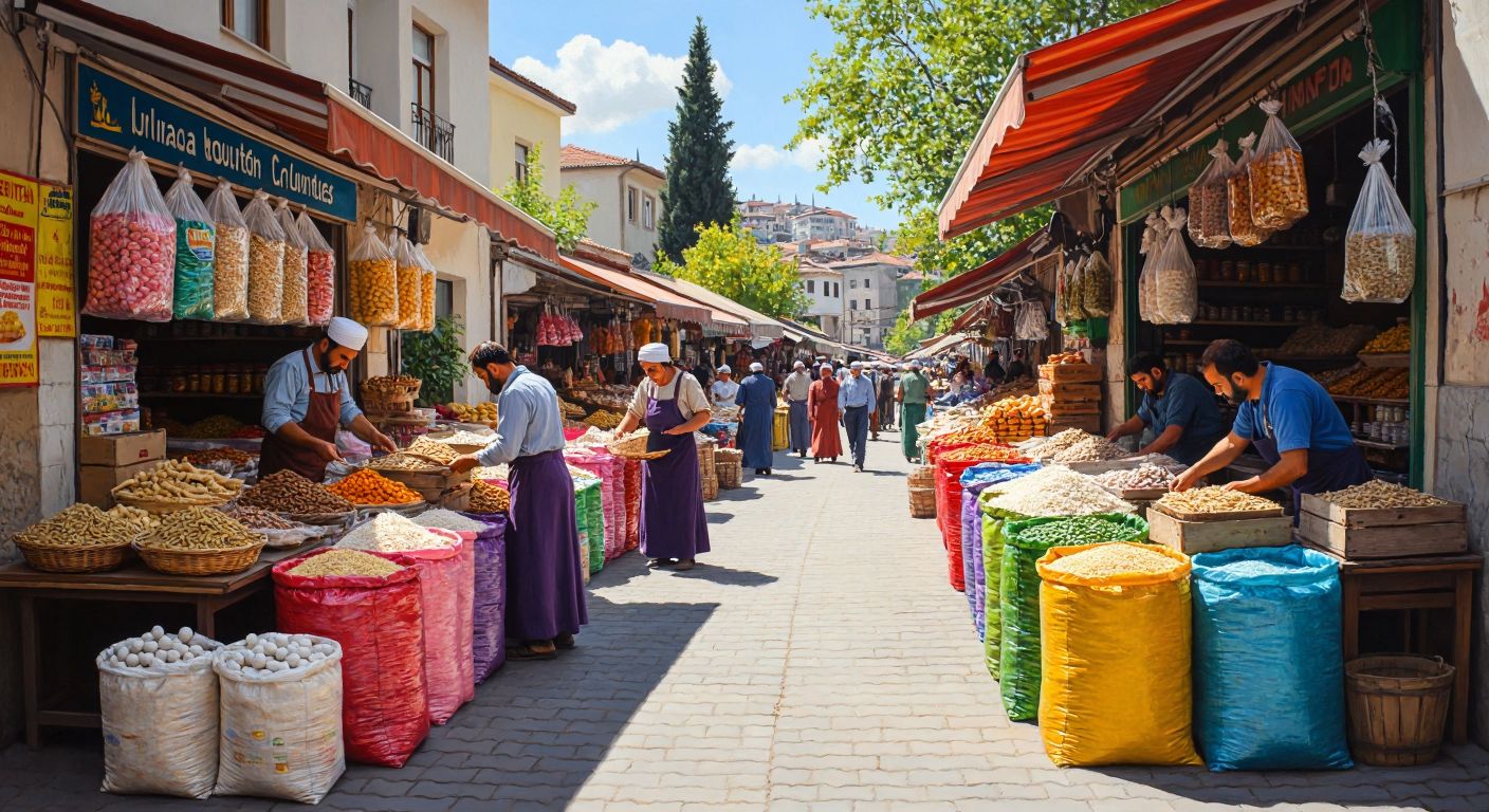 A vibrant Turkish marketplace with colorful sacks of vitamins and supplements, farmers feeding livestock with enriched feed, and a bustling food stall serving fortified dishes under a bright sun.