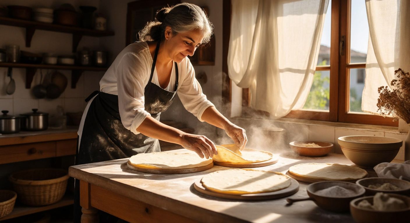 A Turkish woman in a sunlit kitchen rolls out thin, round sheets of lavash dough on a lightly floured counter, her hands dusted with flour as she carefully shapes the soft, elastic dough.