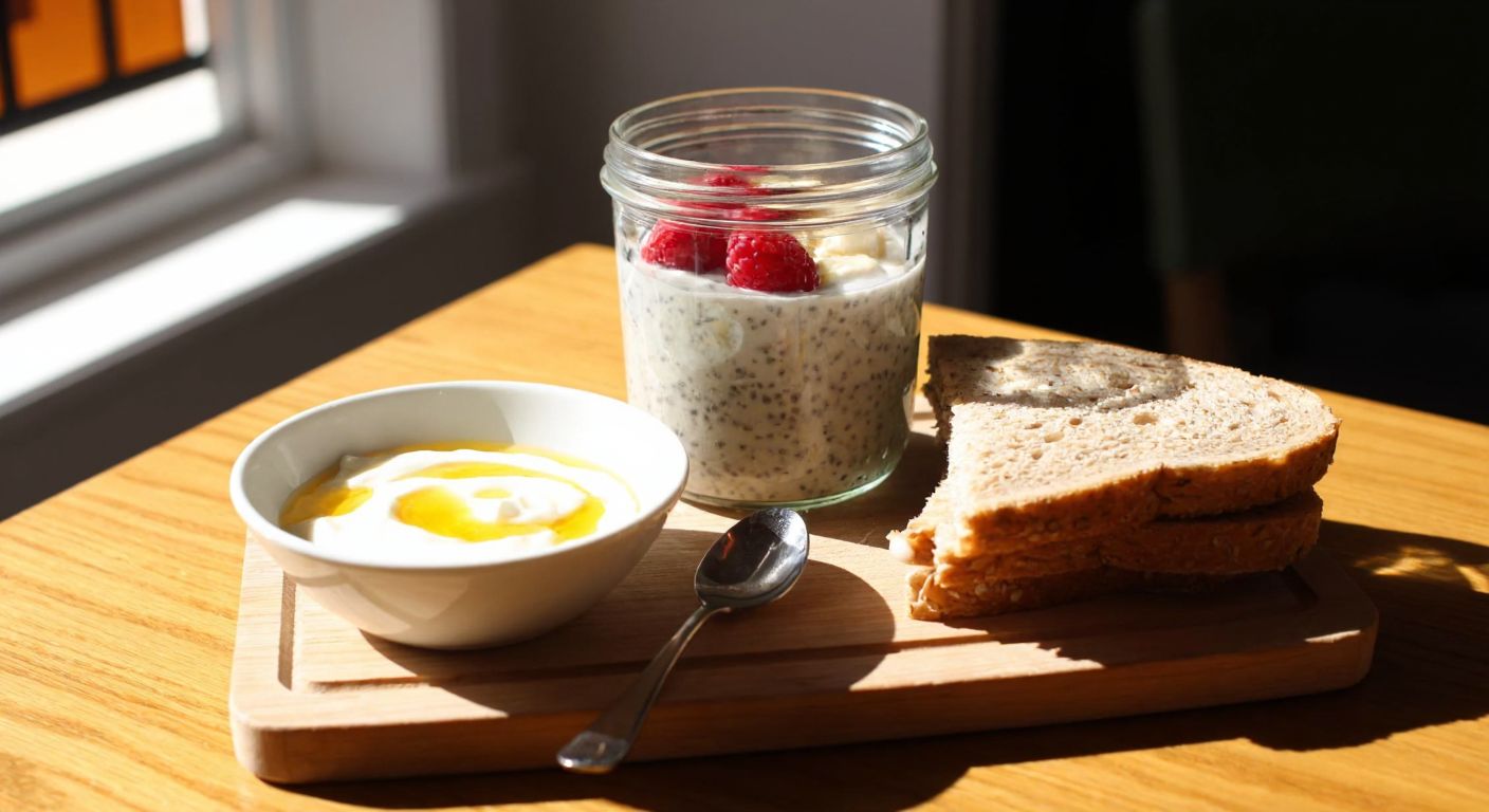 A wooden table in a cozy Turkish kitchen holds a small bowl of creamy yogurt drizzled with honey, a glass jar of apple puree, a chia pudding topped with fresh berries, and a neatly cut whole-grain sandwich, with sunlight streaming through the window.