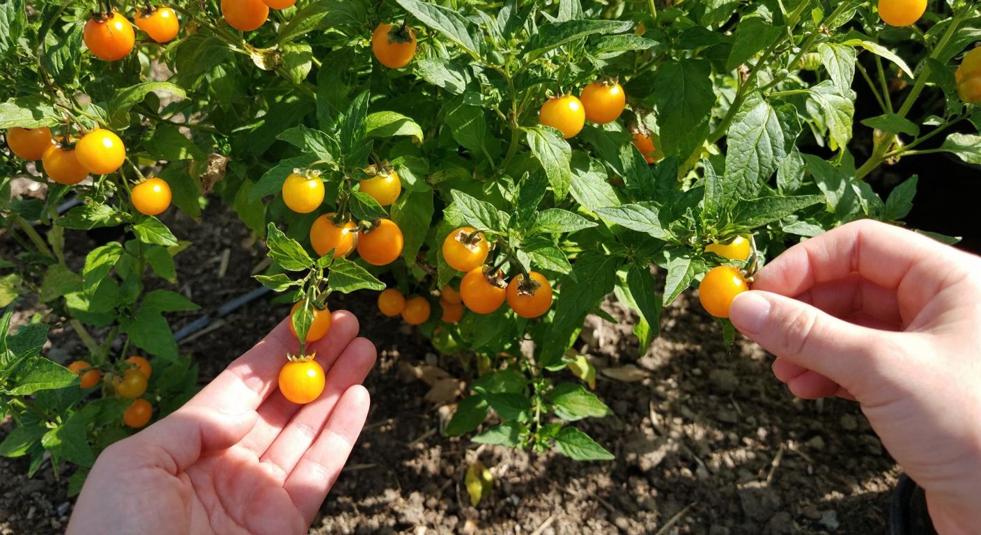 A sunlit Mediterranean garden with vibrant goldenberry plants bearing small orange fruits, surrounded by warm soil and a hand gently holding a ripe berry.