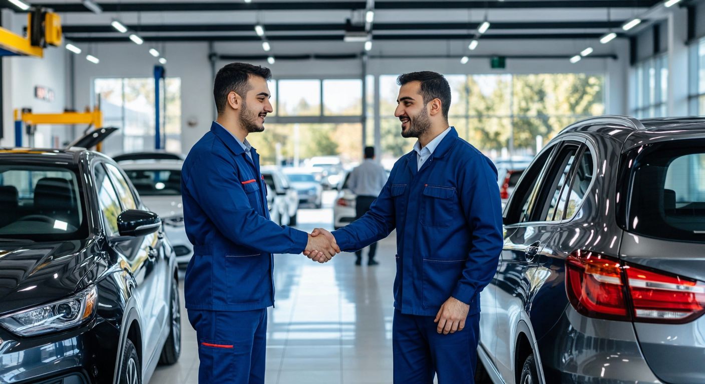 A Turkish mechanic in a blue uniform repairs a car in a tidy service garage, while across the street, a well-dressed salesperson shakes hands with a customer in a bright showroom filled with new vehicles.