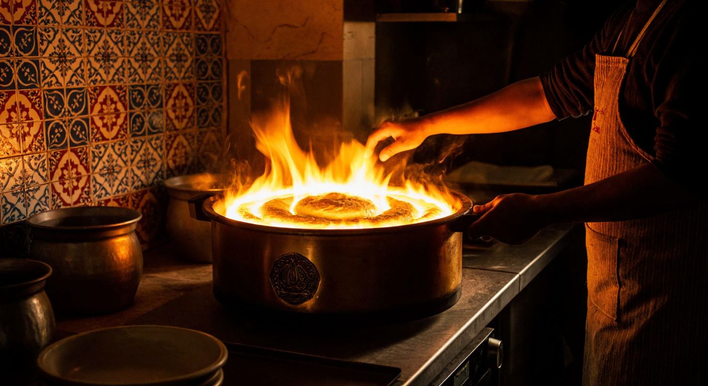 A glowing electric tandoor oven emitting waves of heat, surrounded by warm golden light, with a hand placing dough inside, set in a cozy Turkish kitchen with traditional ceramic tiles.