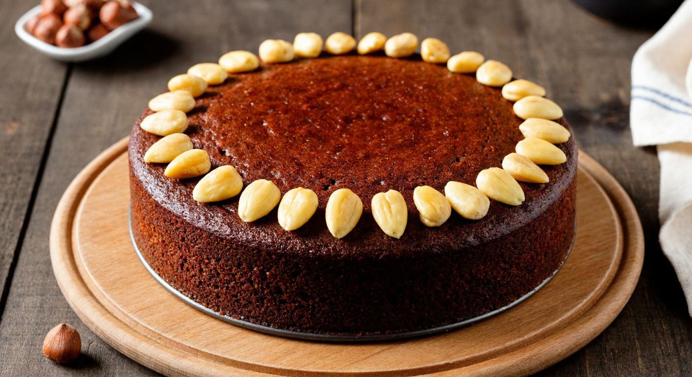A warm, golden-brown chocolate hazelnut cake sits on a rustic wooden table, topped with a generous handful of coarsely chopped hazelnuts scattered across its glistening surface, evoking the cozy atmosphere of a Turkish kitchen.