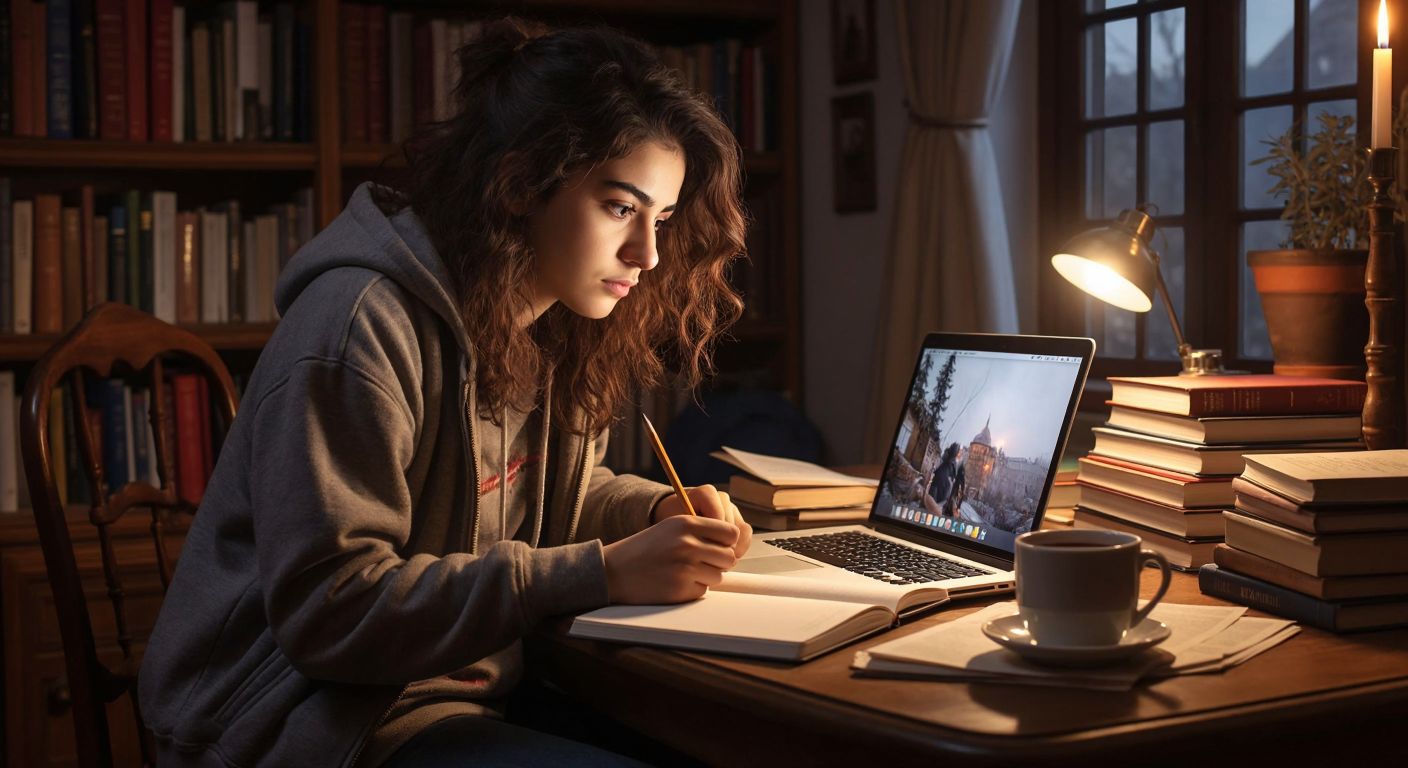 A young Turkish student in a cozy home study, intently watching an educational video on a laptop with a notebook and pencil ready, surrounded by stacked books and a warm cup of çay.