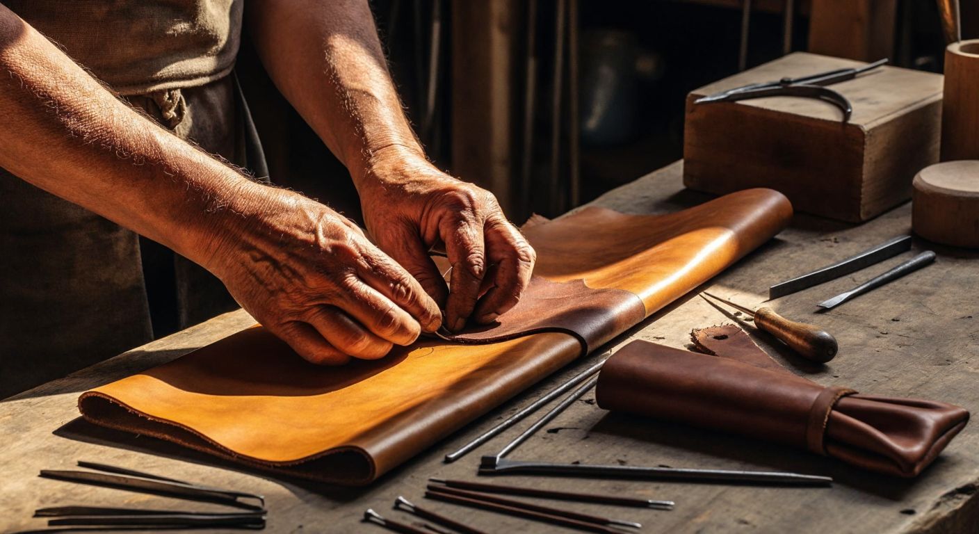 A pair of weathered hands carefully stitching thick brown leather with waxed thread, surrounded by scattered tools like awls and needles on a rustic wooden table in a sunlit Turkish workshop.