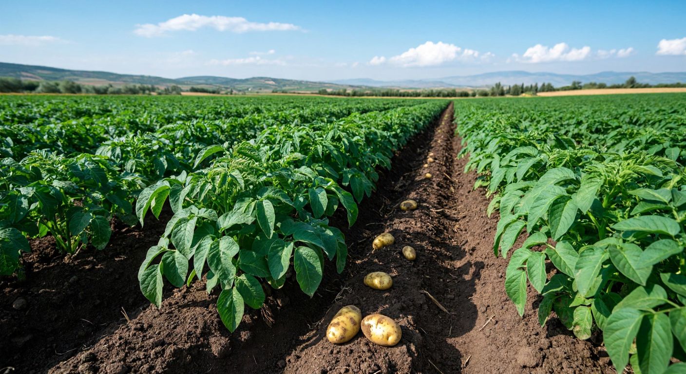 A sunlit Turkish field with rows of vibrant green potato plants, their large leaves swaying gently, while beneath the soil, plump oval tubers nestle in rich, dark earth.