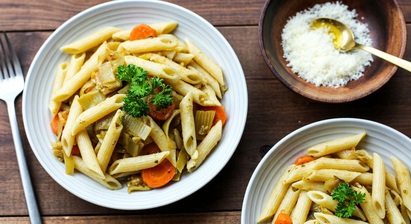 A rustic Turkish kitchen with a steaming plate of golden-brown penne pasta mixed with sautéed leeks and carrots, garnished with fresh parsley, resting on a wooden table beside a bowl of grated cheese and a drizzle of olive oil.