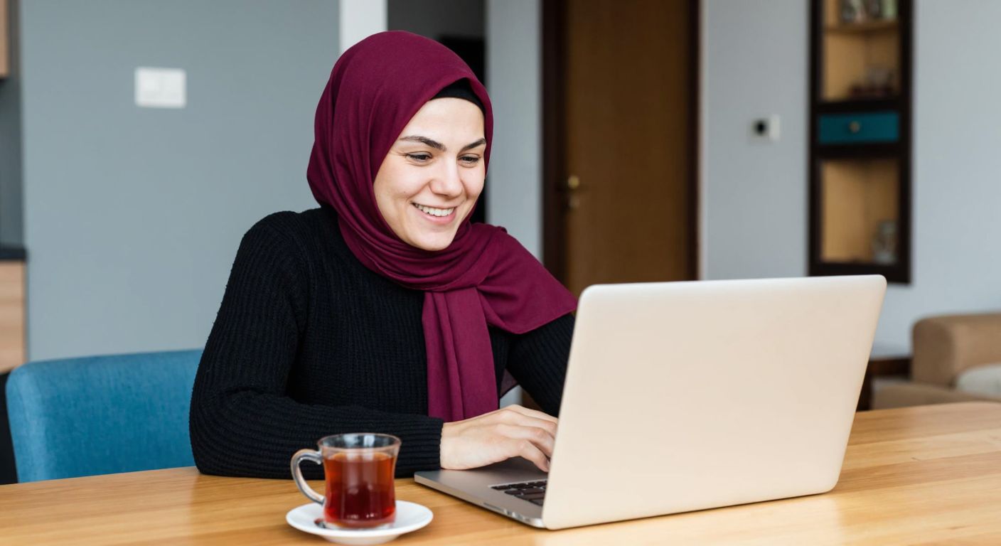A Turkish mother in a cozy home setting, wearing a headscarf, sits at a wooden table with a laptop open, smiling warmly as she checks her child's school progress on the E-Okul system while a steaming cup of çay sits beside her.