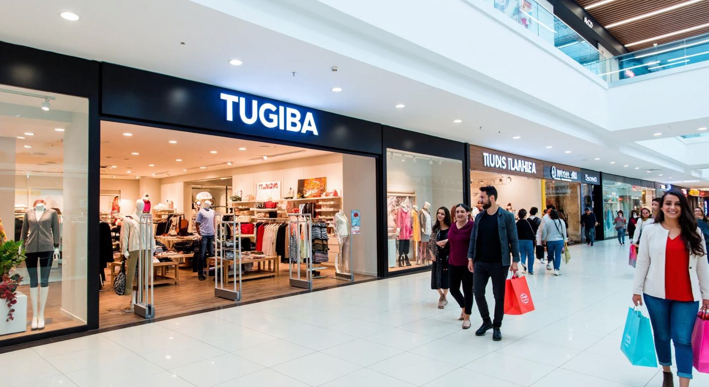 A bustling modern shopping mall in Afyonkarahisar, with a well-lit Tuğba storefront displaying stylish clothing, surrounded by shoppers carrying colorful bags and smiling as they browse.