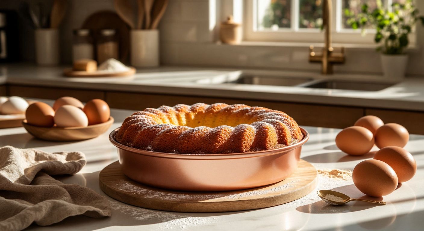 A gleaming rose-gold cast aluminum cake pan sits on a sunlit kitchen counter in Turkey, surrounded by fresh ingredients like eggs and flour, with a perfectly baked golden cake inside, radiating warmth and homeliness.