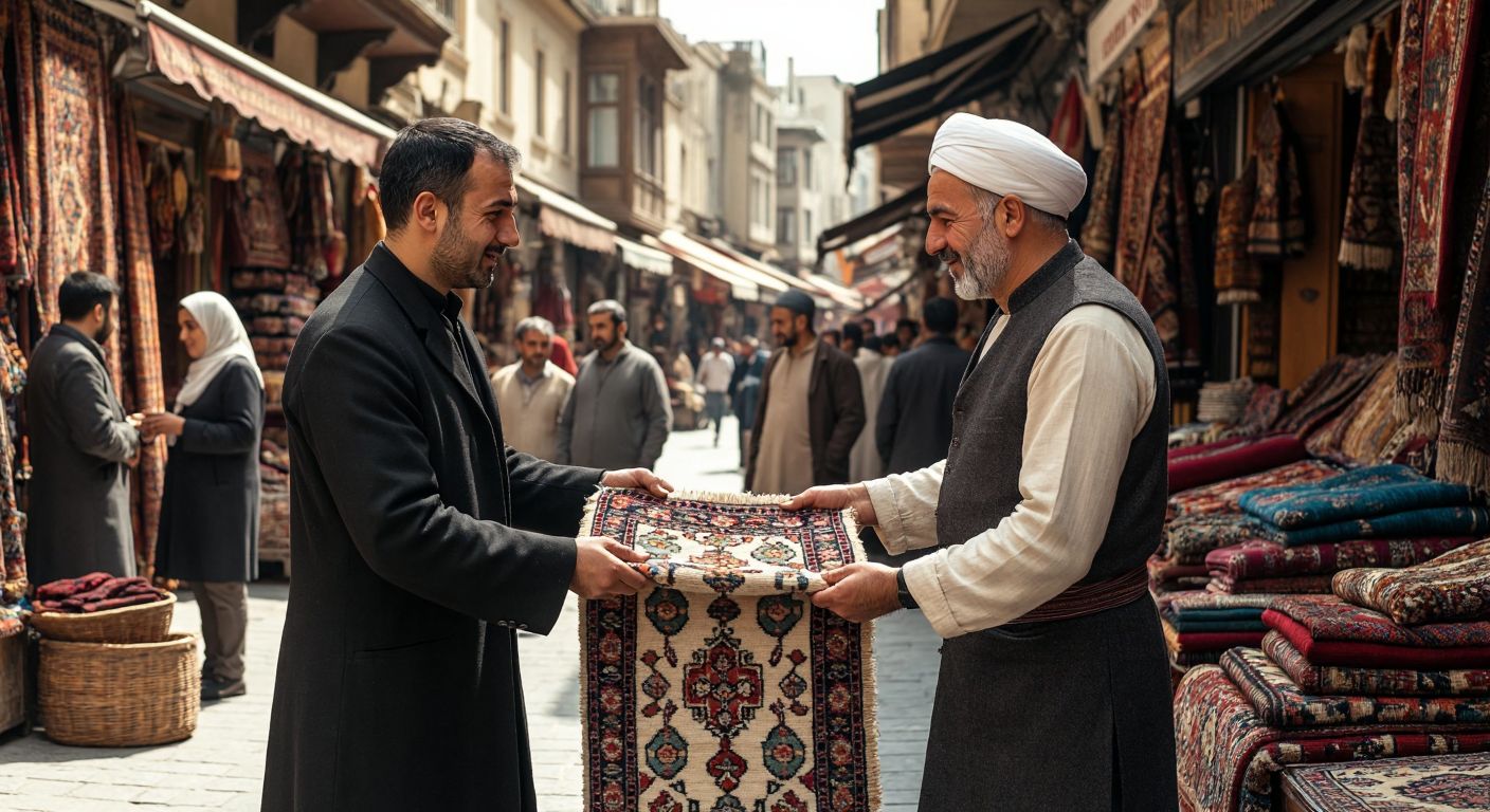 A Turkish merchant in a bustling bazaar carefully hands a woven carpet to a shopkeeper, both exchanging confident nods over the transaction.