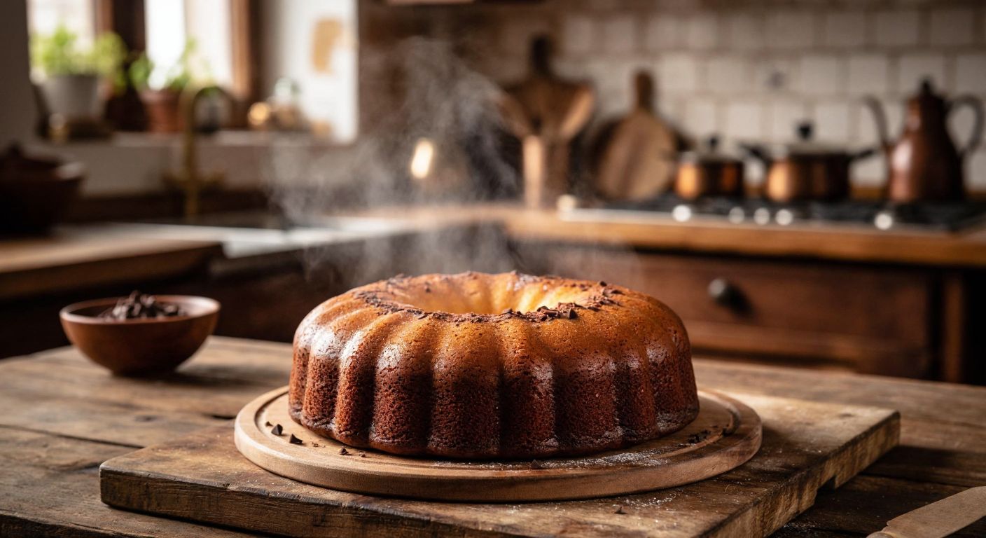 A golden-brown chocolate pop cake fresh out of the oven, resting on a rustic wooden table in a cozy Turkish kitchen, with steam rising gently from its moist surface.