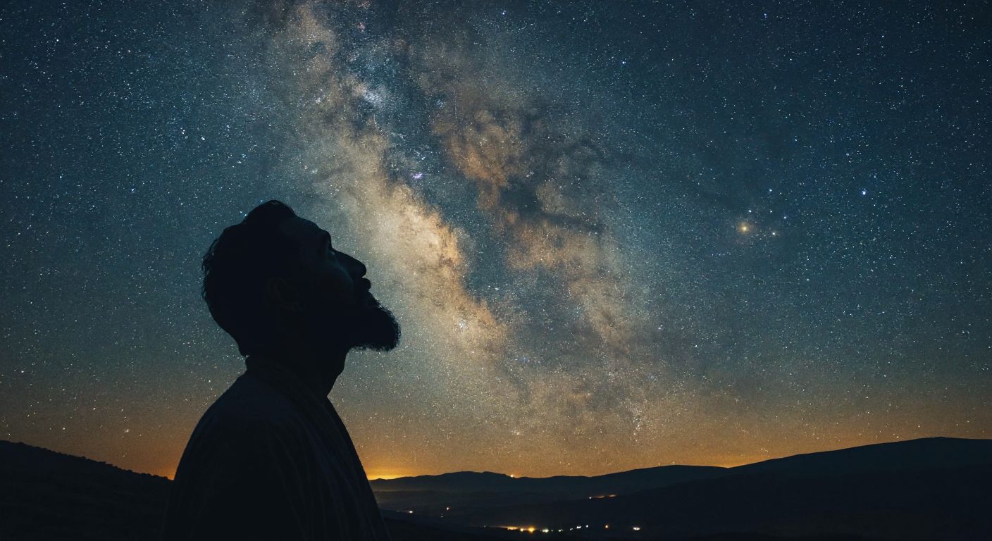 A vast, starry night sky over a silhouette of a lone Turkish philosopher gazing upward, with swirling galaxies reflecting in his thoughtful eyes.