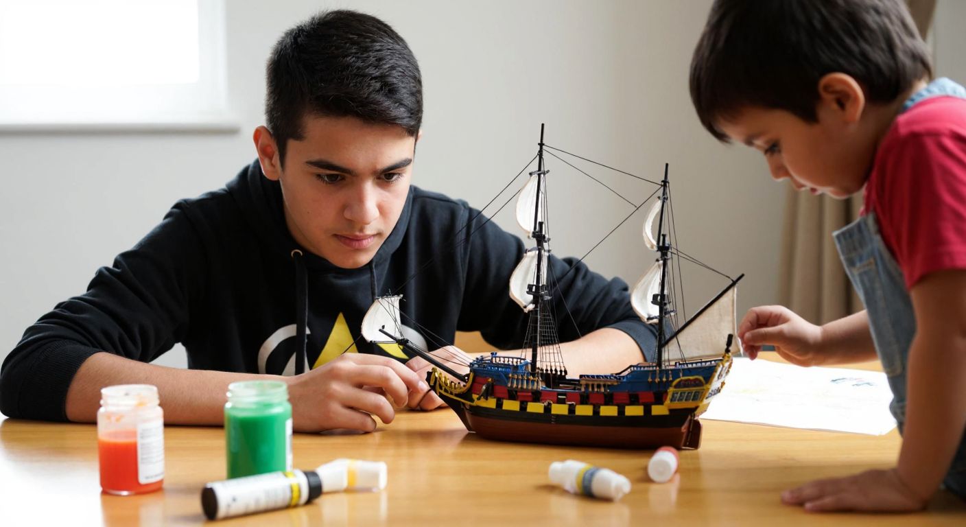 A focused Turkish teenager carefully assembles a detailed toy ship model on a wooden table, surrounded by small paint bottles and glue, while a younger child watches curiously nearby.