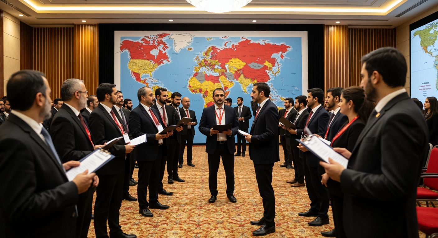 A bustling conference hall in Ankara with a large map of Turkey dotted with pins, surrounded by eager attendees in formal attire holding folders, while a presenter gestures toward the marked locations.