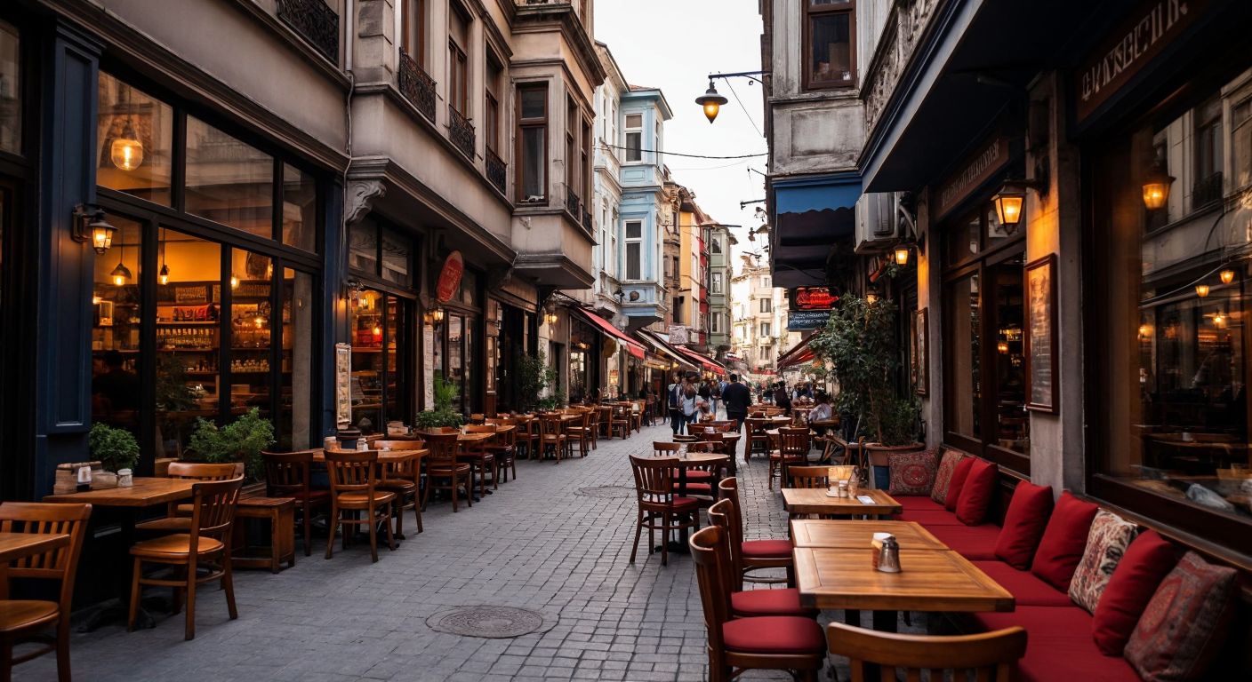 A cozy café with warm wooden tables and Turkish-style cushions, nestled in a bustling Istanbul street with historic Ottoman-era buildings in the background.