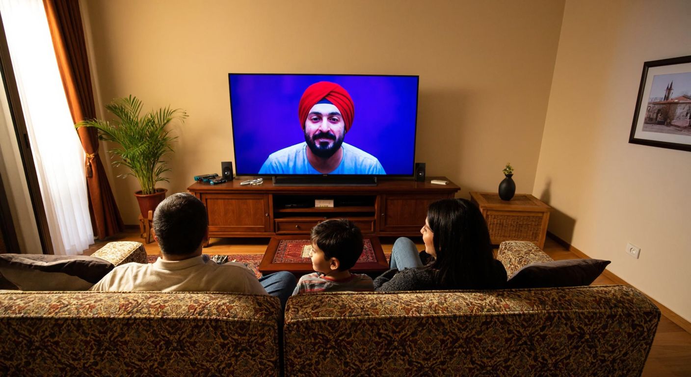 A cozy Turkish living room with a large 53-inch TV mounted on a wooden cabinet, a family of three sitting on a patterned sofa at an optimal viewing distance of 2-3 meters, their faces lit by the screen's glow.