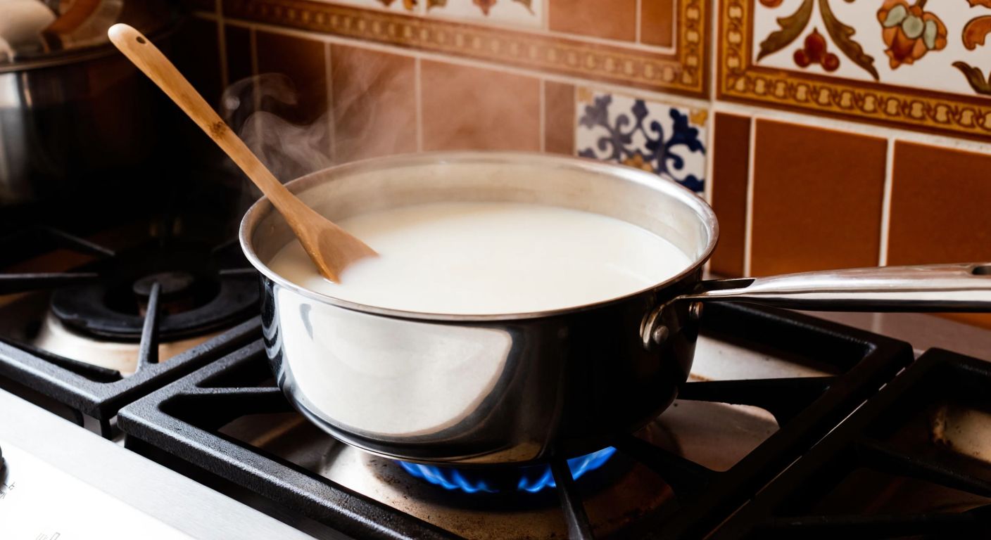 A stainless steel pot of gently simmering milk on a stovetop, with a wooden spoon resting inside and steam rising, set in a cozy Turkish kitchen with warm lighting and traditional ceramic tiles in the background.