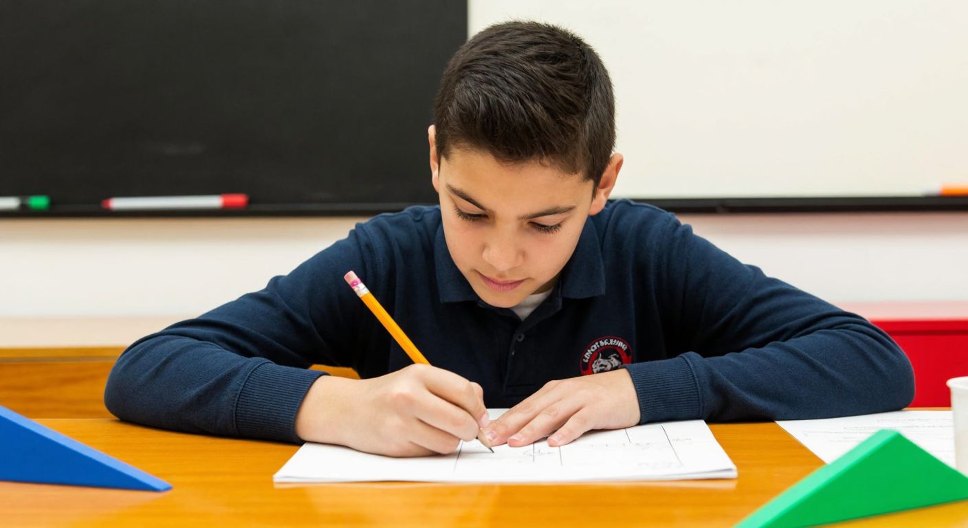 A focused middle-school-aged student in a Turkish classroom, solving math problems on a worksheet with a pencil, surrounded by geometric shapes and a ruler on the desk.