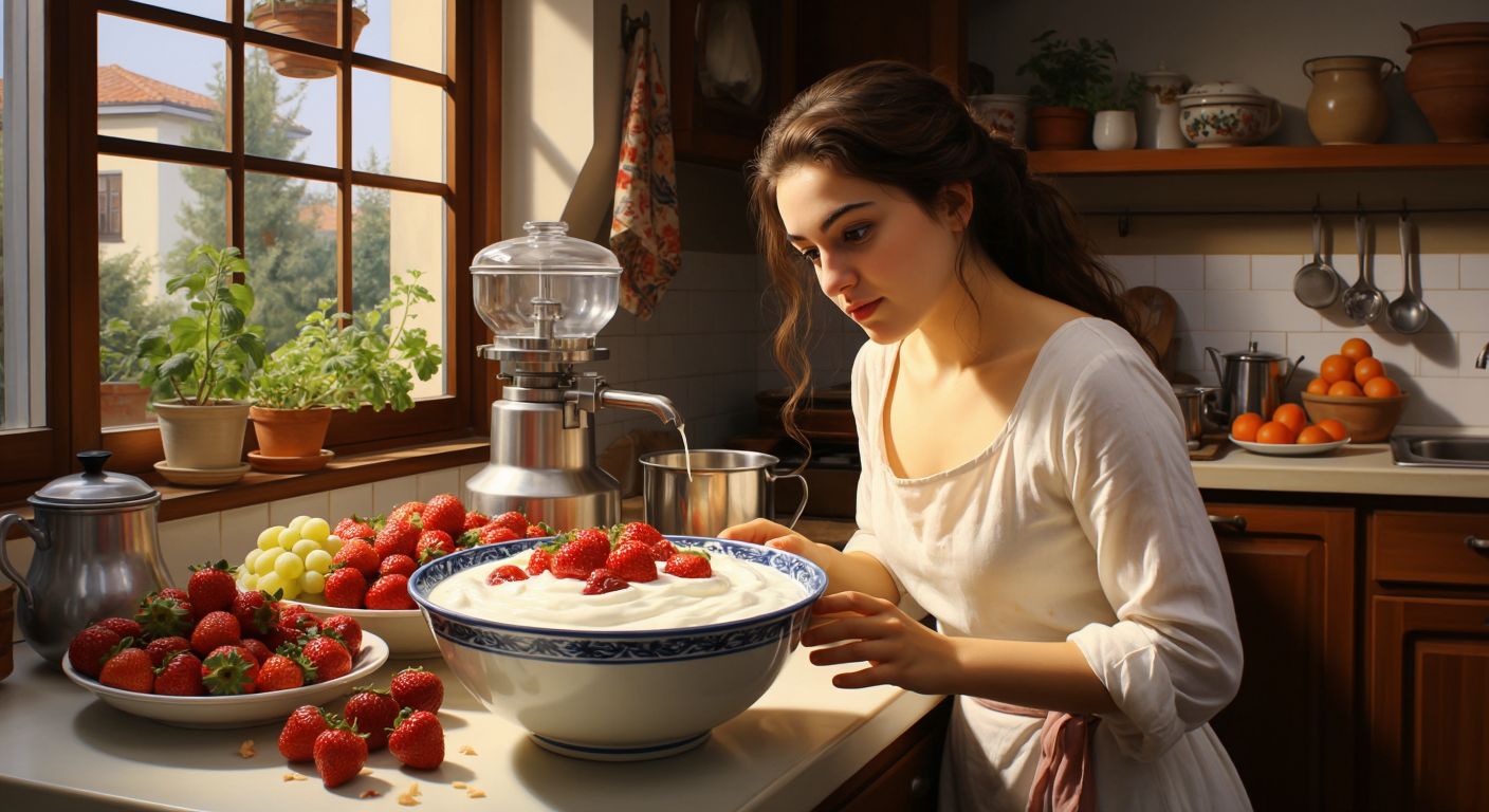A Turkish woman in a bright kitchen gazes curiously at a bowl of creamy, fruit-studded yogurt with a smooth, unbroken surface, while a small industrial machine hums nearby, symbolizing homogenization.