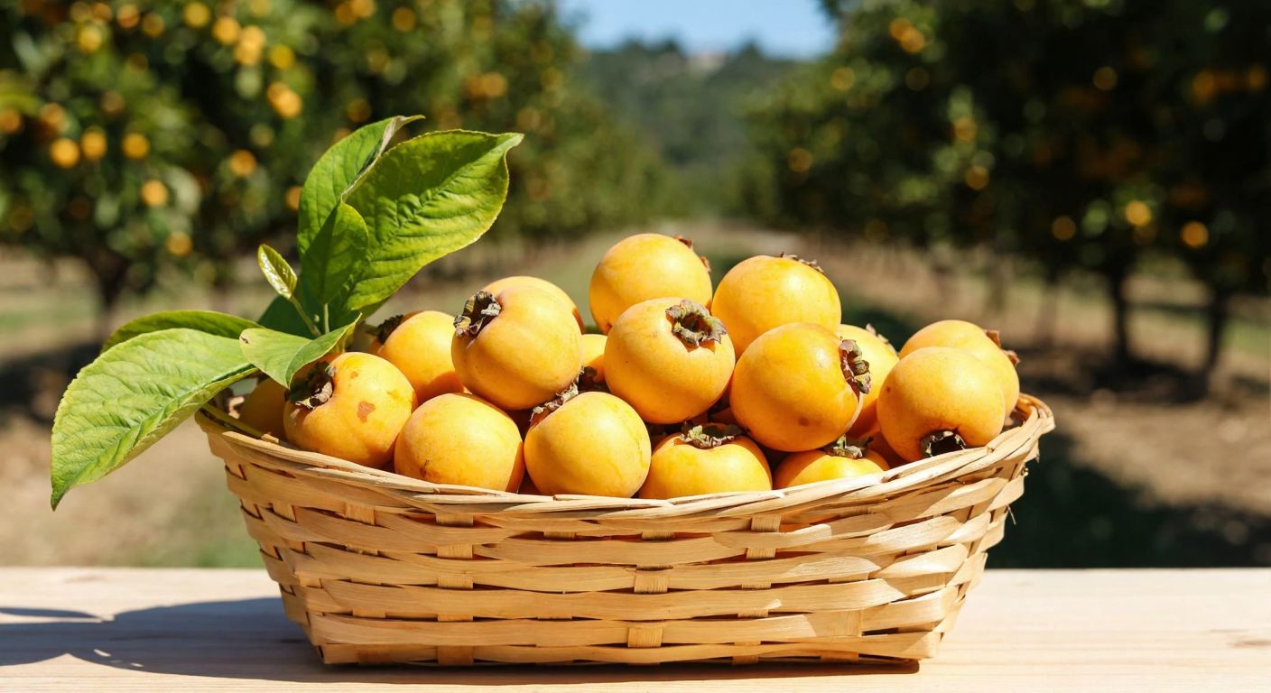 A vibrant basket filled with golden-yellow loquats (yeni dünya/Malta eriği) resting on a wooden table in a sunlit Turkish orchard, with green leaves peeking out.