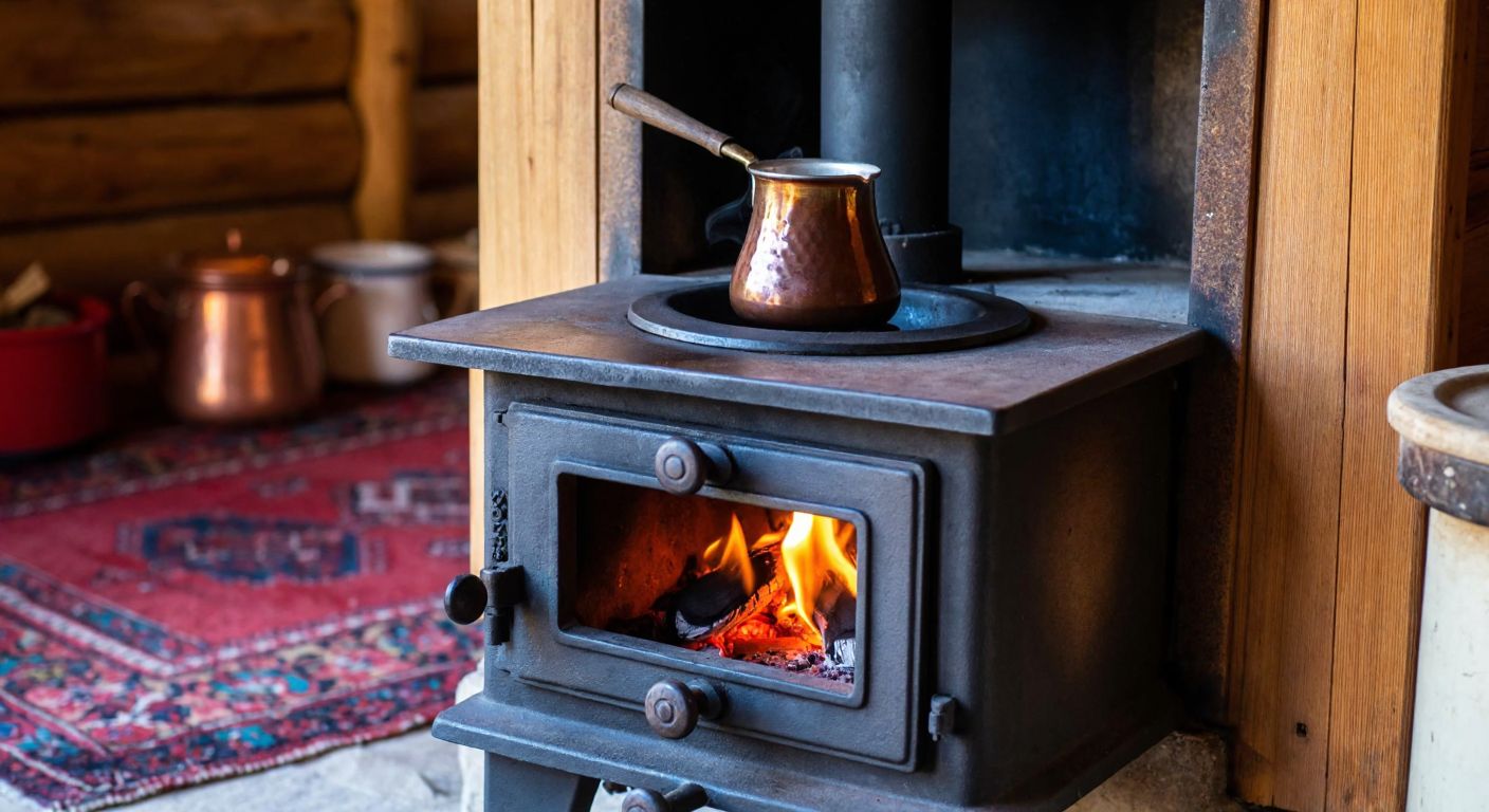 A rustic, cast-iron wood-burning stove with a flat cooking surface, glowing embers inside, and a simmering pot of Turkish çay on top, set in a cozy Anatolian village home with woven rugs and wooden beams.