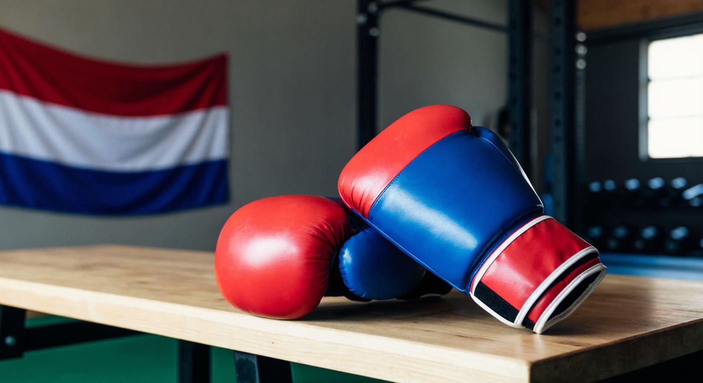 A pair of red and blue leather boxing gloves resting on a wooden bench in a gym, with a Thai flag subtly draped in the background.