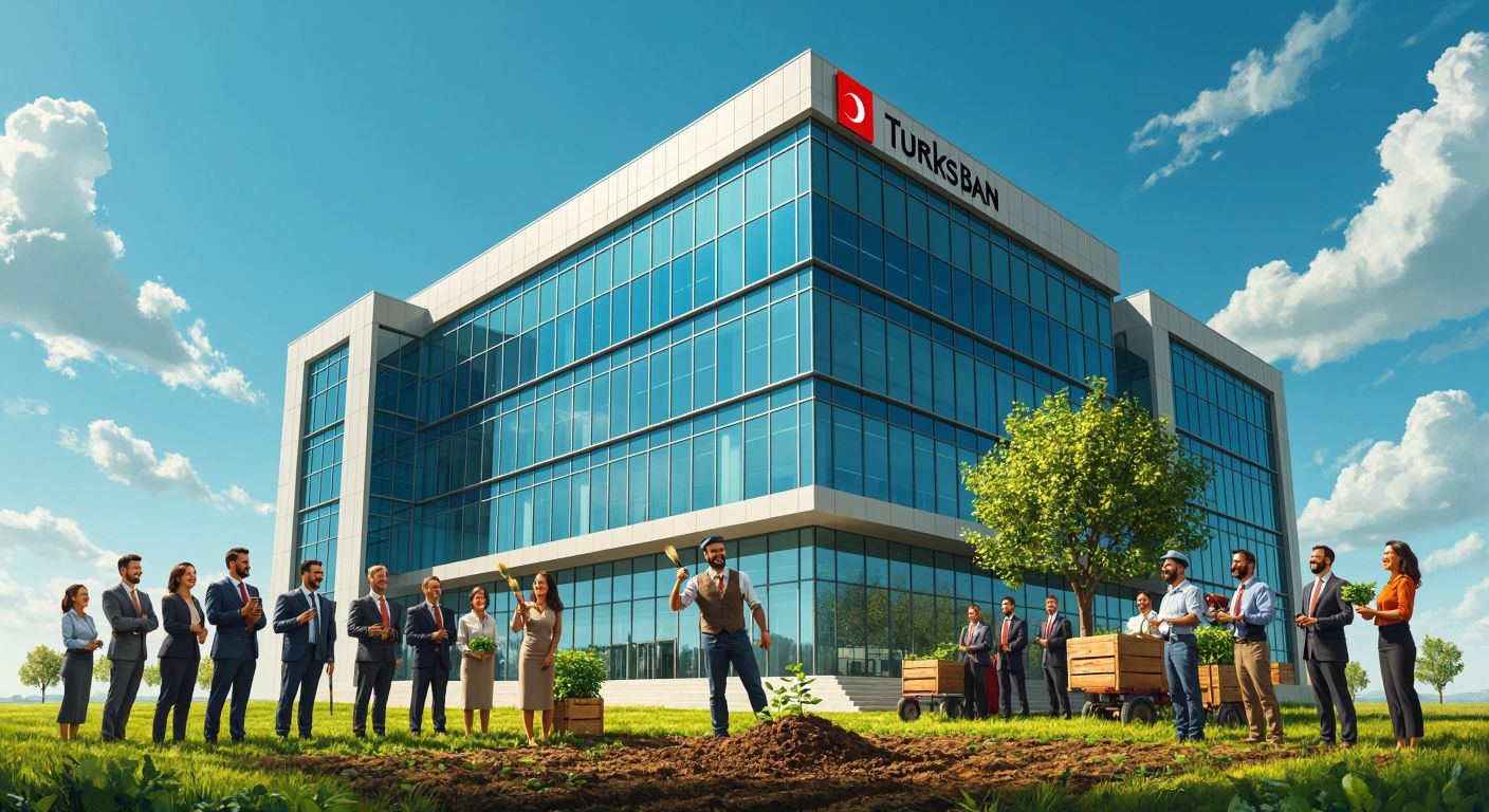A modern Turkish bank building with a sleek glass facade, surrounded by a diverse group of smiling professionals in business attire, a farmer holding wheat, an artist with a paintbrush, and a sapling being planted, all under a bright sun symbolizing growth and sustainability.