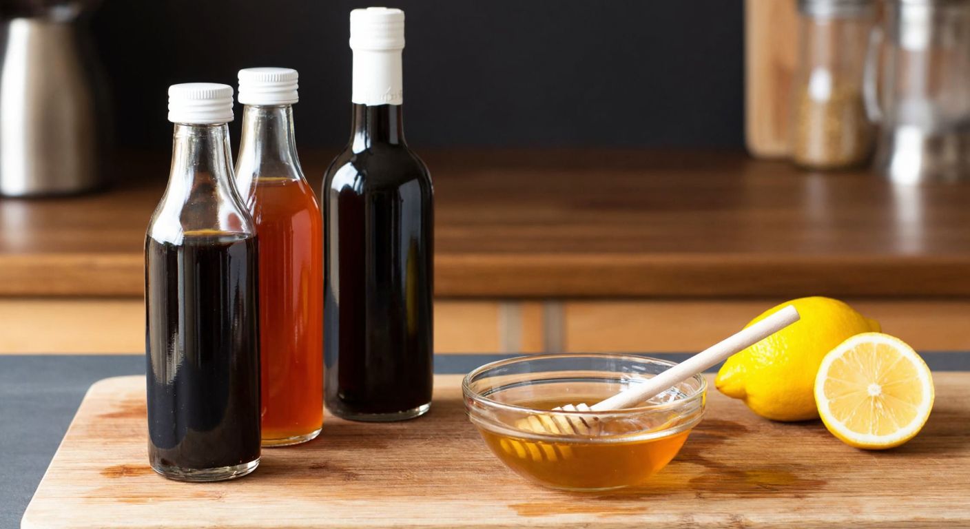 A rustic wooden kitchen counter in Turkey holds small glass bottles of soy sauce, balsamic vinegar, mustard, and a bowl of honey with a lemon sliced beside them, evoking a warm, culinary improvisation.
