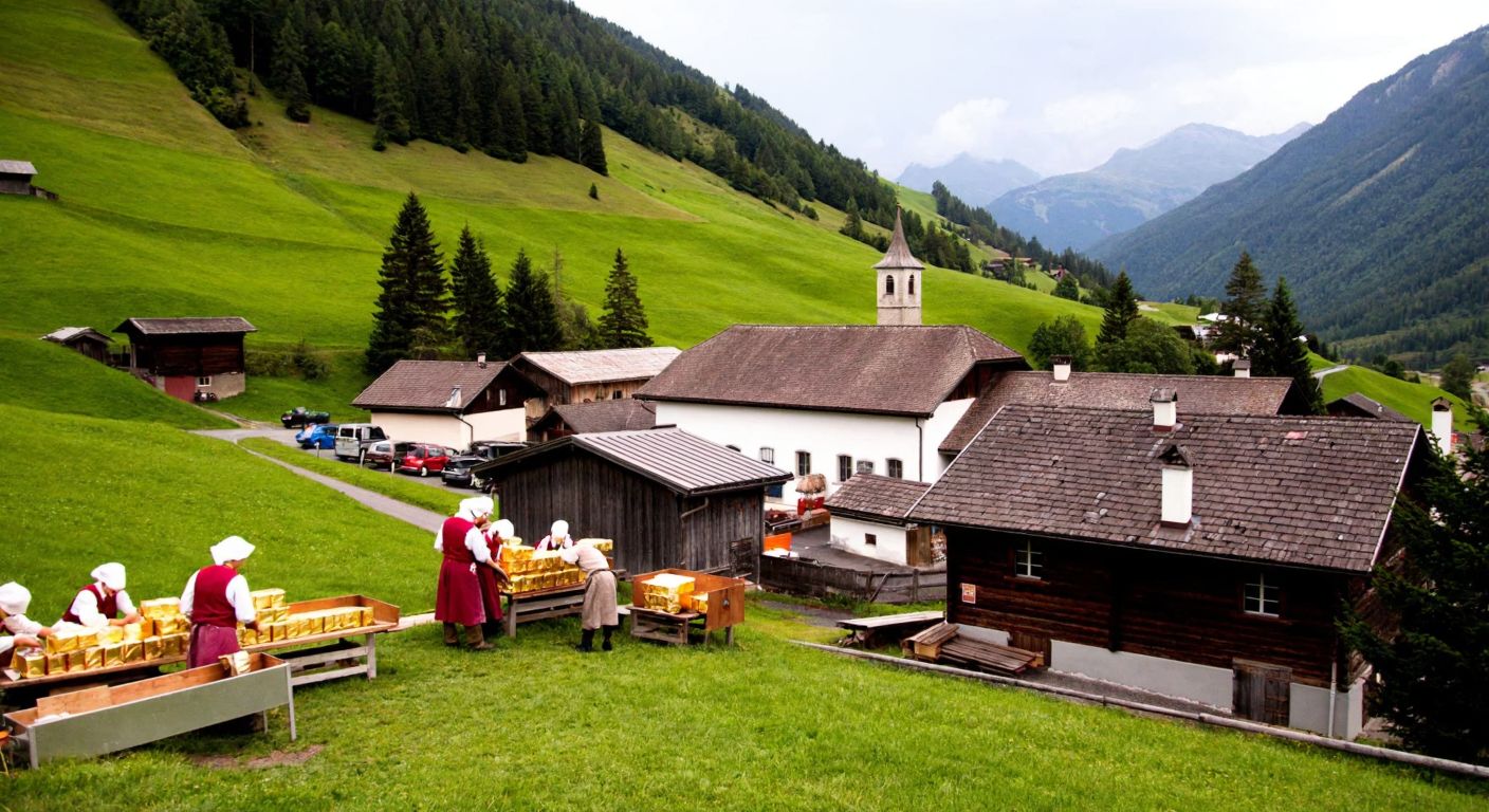 A rustic Swiss alpine village with a small chocolate factory nestled among green hills, where workers in traditional attire carefully package golden-wrapped Frey Milk Branches chocolates.