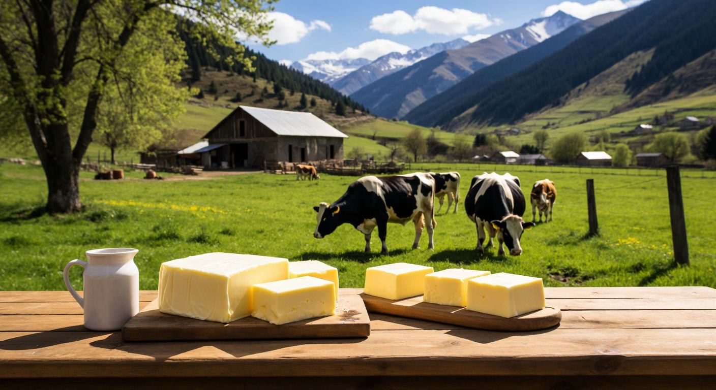 A lush green pasture in Erzincan with grazing cows, a traditional dairy farm in the background, and fresh blocks of golden butter on a wooden table under the sun.