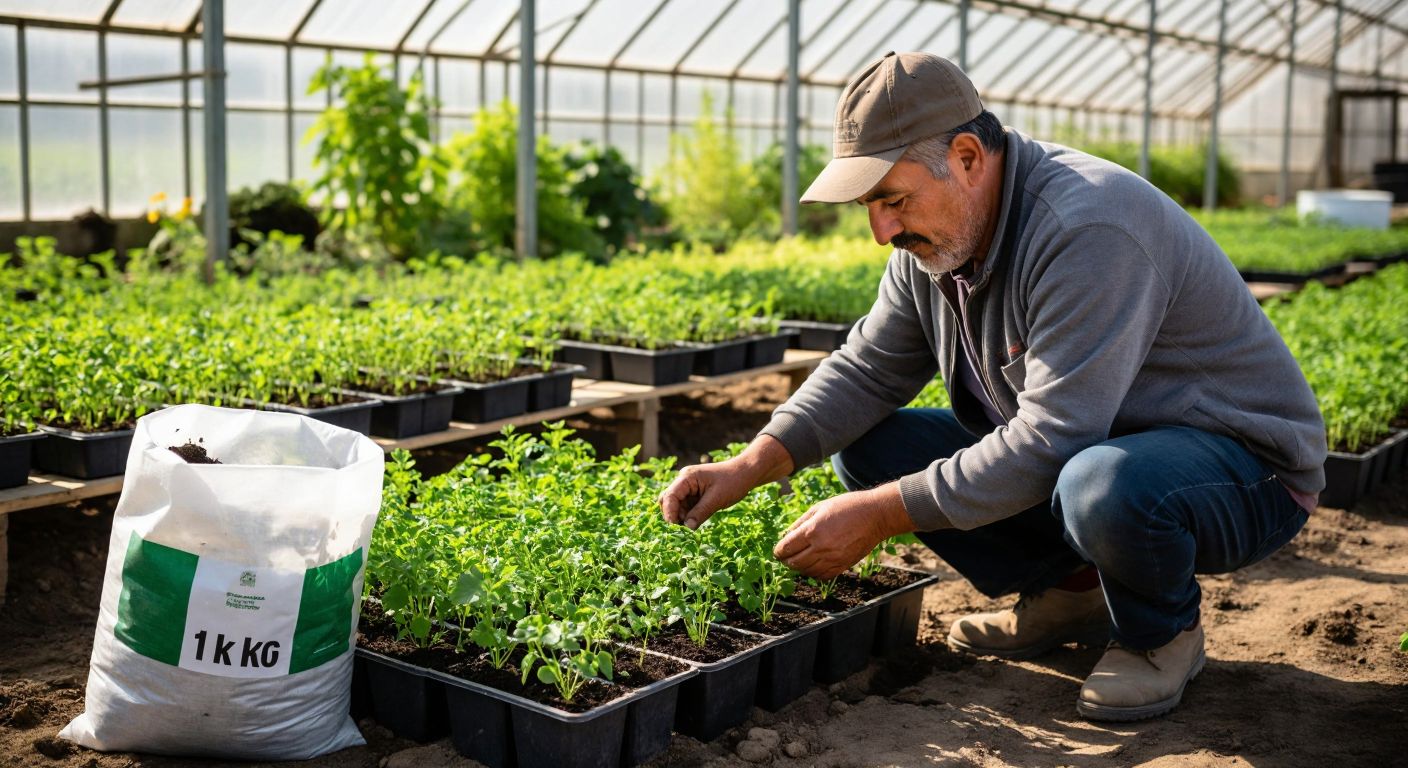 A Turkish farmer in a sunlit greenhouse carefully counting small black seedling bags, with a large sack labeled "1 kg" nearby and trays of young plants in the background.