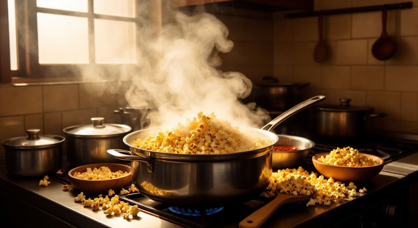 A warm Turkish kitchen with a bubbling pot on a stove, golden popcorn kernels bursting open, and a wooden spoon resting nearby, while steam rises into the air.