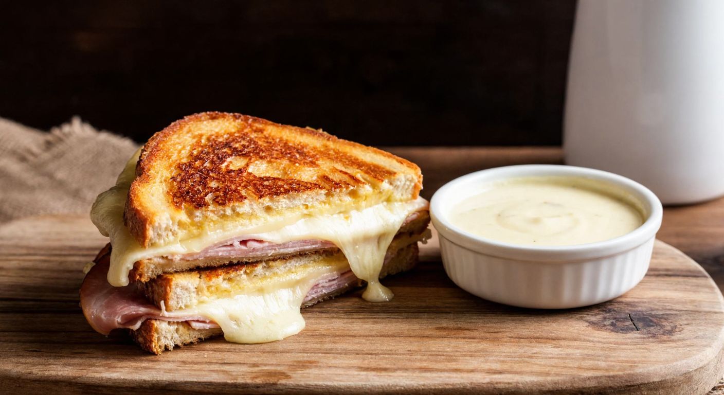 A golden-brown toasted sandwich oozing melted cheese and layered with ham, placed on a rustic wooden table beside a small bowl of creamy béchamel sauce, evoking the cozy charm of a Parisian café.