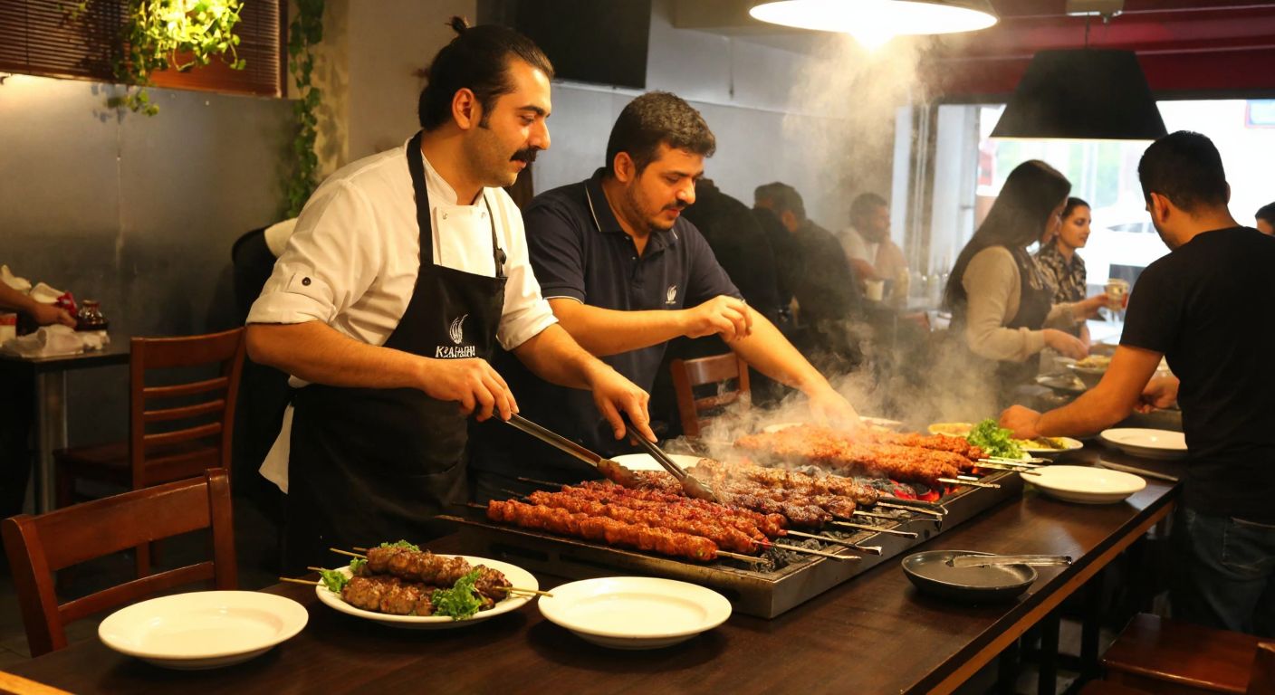 A bustling Adana kebab restaurant with a mustachioed, apron-clad chef (Şahin Usta) grilling skewered meat over glowing embers, his brother assisting nearby, while customers enjoy steaming plates of spicy kebabs at wooden tables.