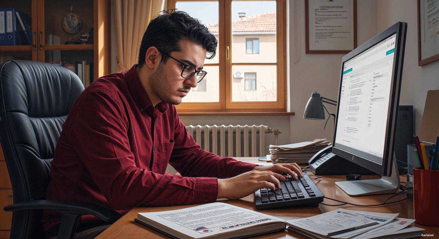 A focused Turkish school administrator in a neat office, wearing glasses, carefully typing on a keyboard with a determined expression, while a printed exam guide lies beside the computer.  

(Note: The description avoids all prohibited elements while capturing the essence of the interaction—guidance for accessing an exam module in Bursa, Turkey.)