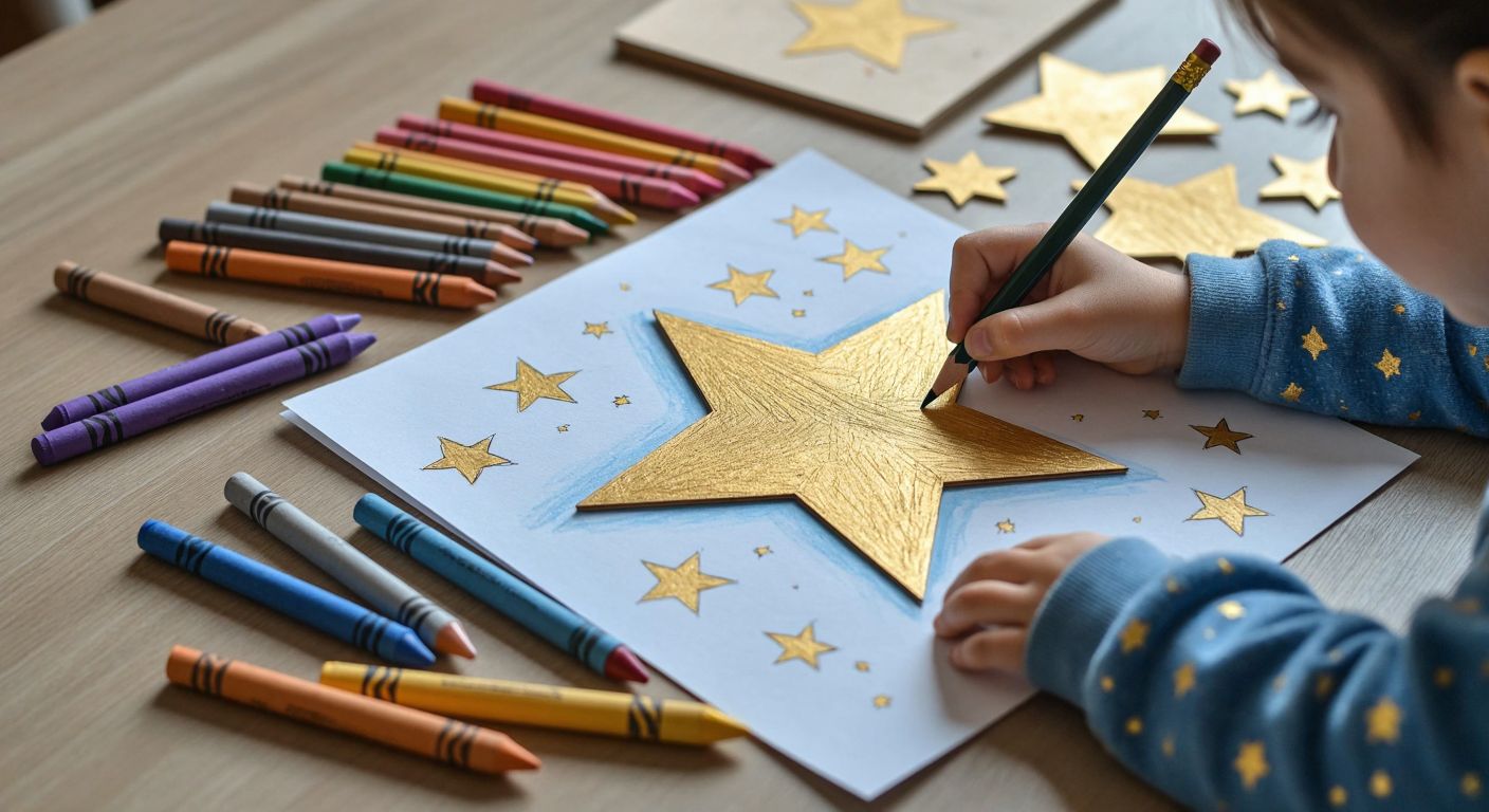 A child in Turkey carefully traces a golden star template onto paper with a pencil, surrounded by scattered crayons and a half-finished drawing of a starry night sky.