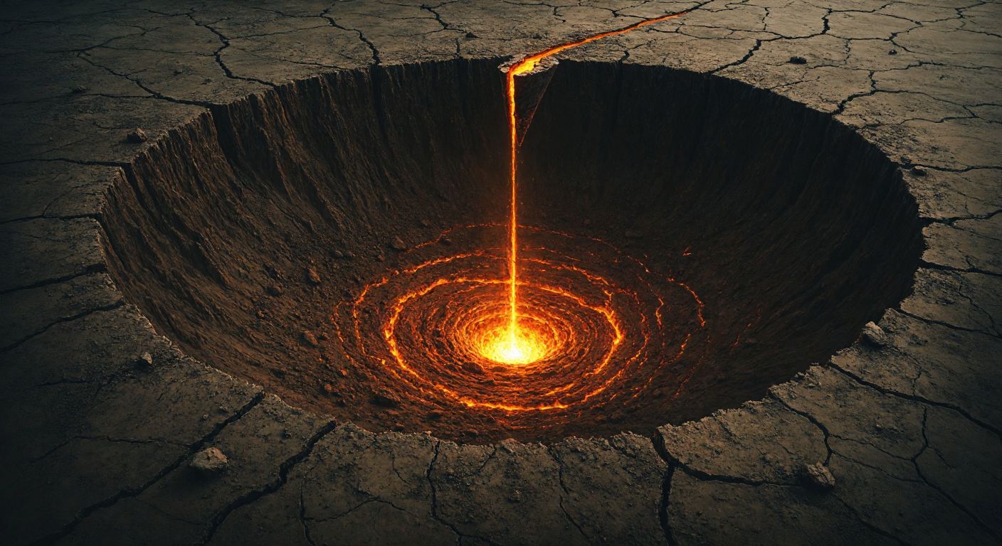 A glowing, molten core surrounded by cracked, layered earth, with a tiny, broken drill melting into the intense heat, symbolizing the impossibility of reaching Earth's center.