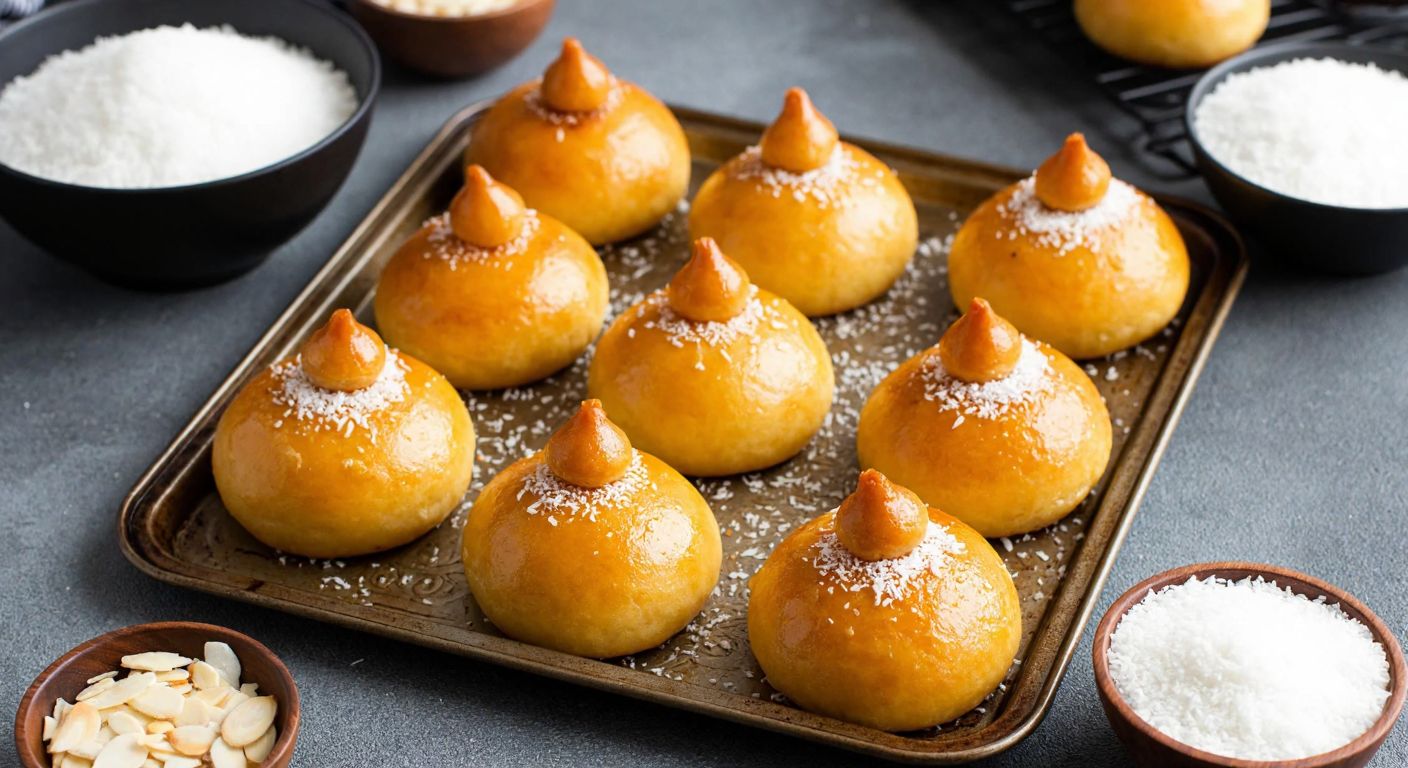 A warm Turkish kitchen with golden-brown şekerpare pastries on a tray, sprinkled with coconut flakes and crushed almonds, surrounded by bowls of shredded coconut and almond flour.