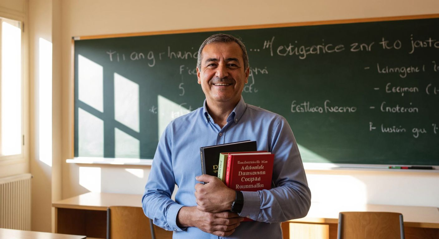 A middle-aged Turkish man with a warm smile stands in a sunlit university classroom in Izmir, holding books in English, German, and Romanian, with a blackboard covered in multilingual notes behind him.