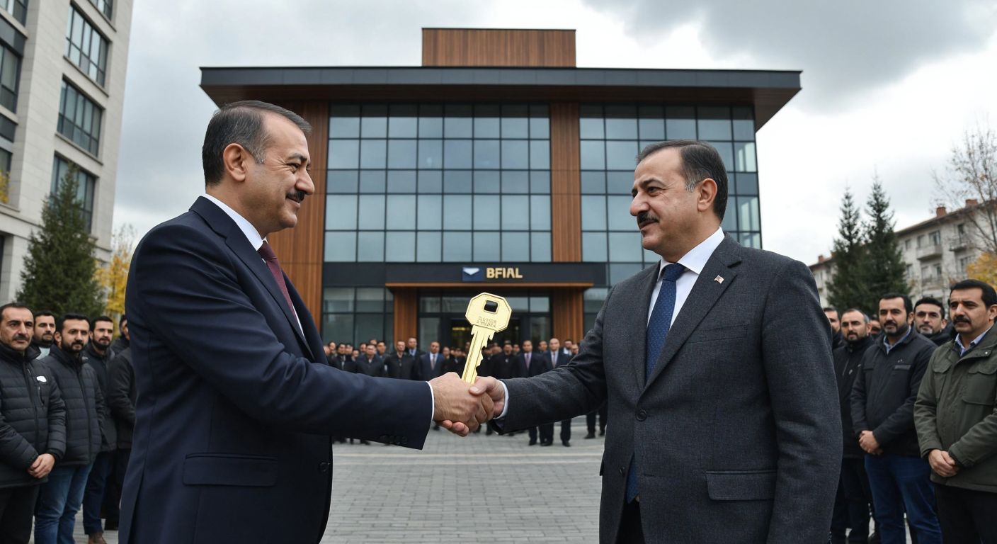 A solemn Turkish government official in a suit hands over a symbolic golden key to a representative of the TMSF in front of a modern bank building, with concerned citizens watching from a distance under a cloudy sky.