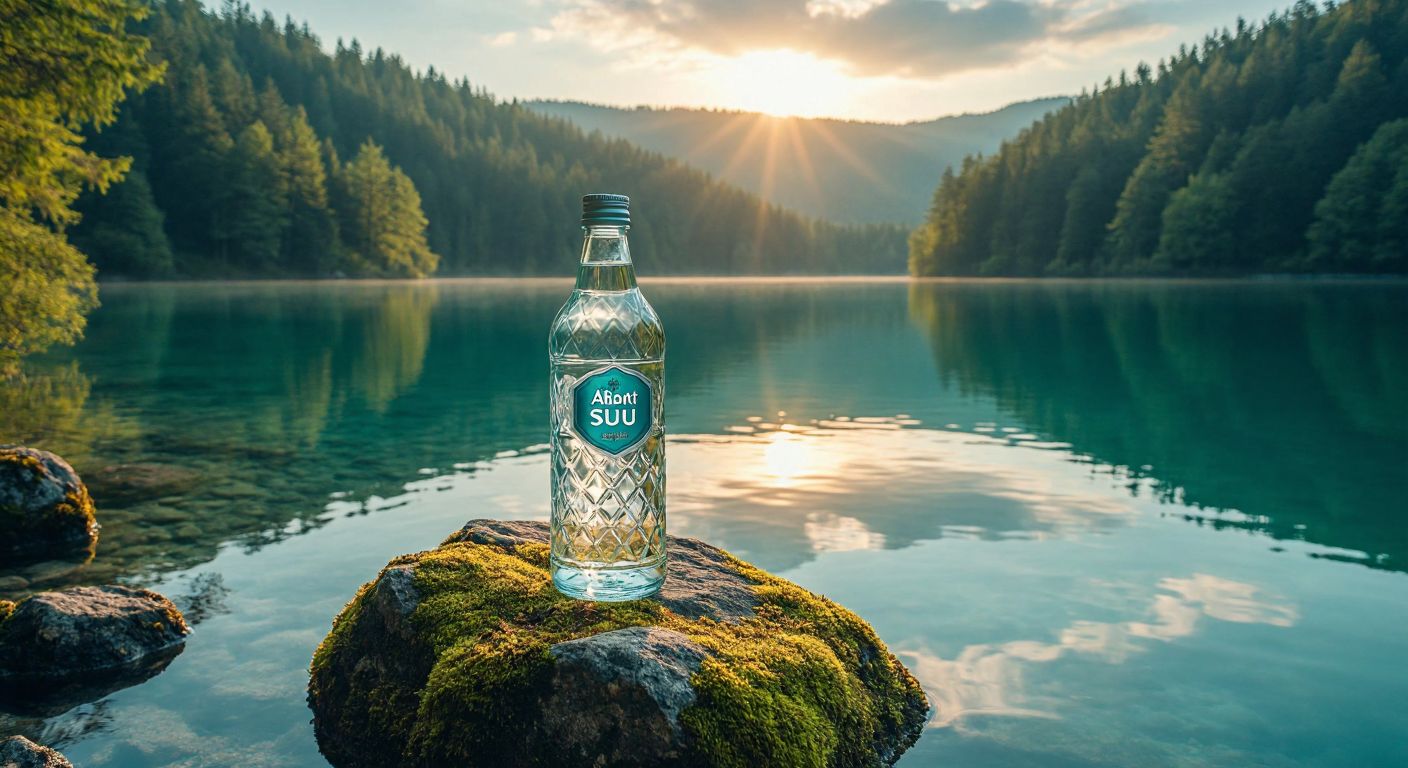 A crystal-clear glass bottle of **Abant Su** resting on a mossy rock by the shimmering turquoise waters of **Abant Lake**, surrounded by lush green pine forests under a soft golden sunrise.