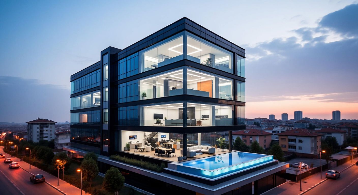 A modern office building in Istanbul's Maltepe district, with sleek IoT smart home devices displayed inside, reflecting innovation and Turkish entrepreneurship.