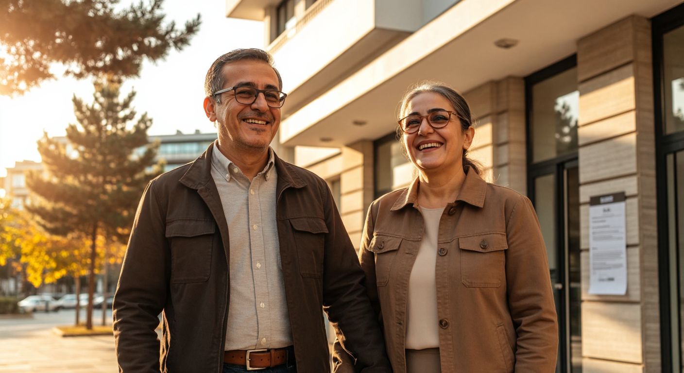A middle-aged Turkish couple in casual work attire smiles warmly while holding hands, standing in front of a sunlit government office building with a pension document in the background.