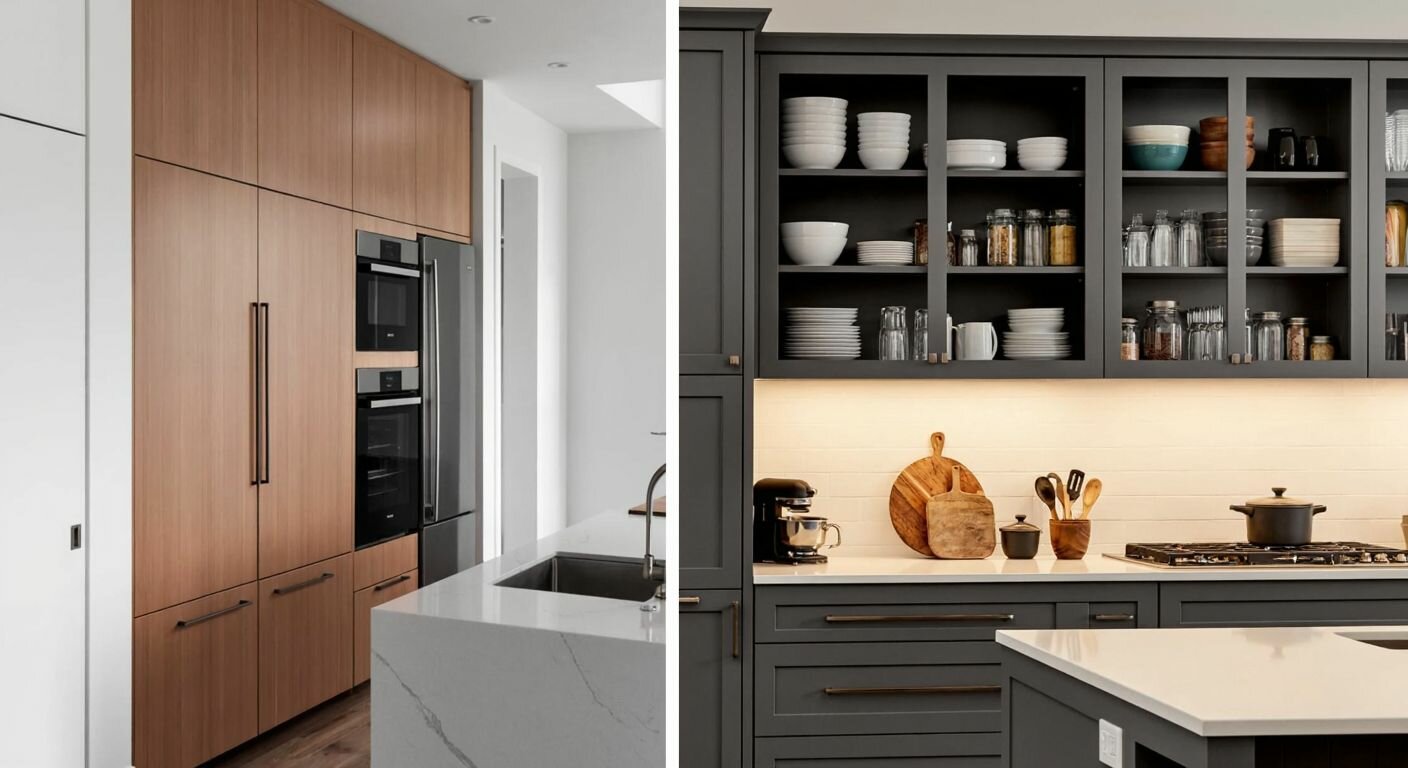 A split-image scene showing a sleek modern kitchen with tall vertical cabinets on one side and a cozy traditional kitchen with wide horizontal cabinets on the other, both filled with neatly arranged dishes and cookware.