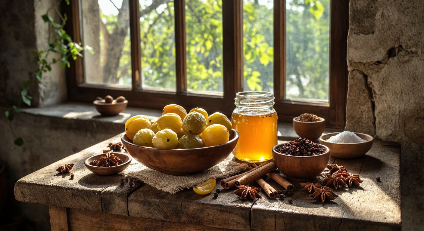 A rustic wooden table in a Turkish kitchen holds a bowl of bitter fruits, a jar of golden honey, a small dish of sugar, and scattered cinnamon sticks, with warm sunlight streaming through the window.